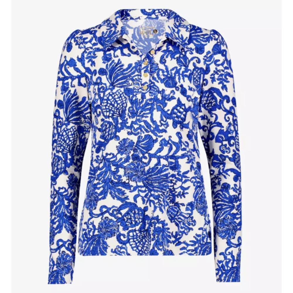 Lilly Pulitzer Luxletic Frida Coconut Long Sleeve Polo Tee Size XL Blue White